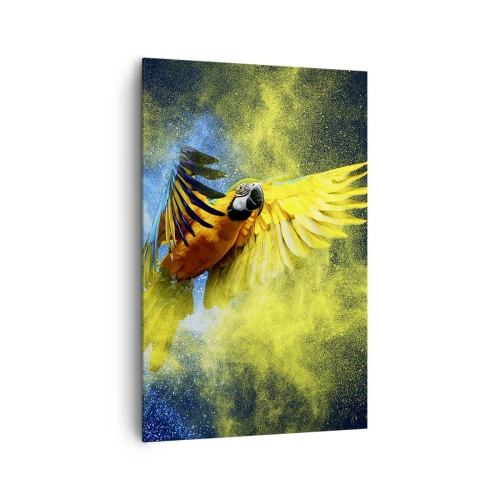 Obraz na płótnie - Papuga w locie na tle kolorowych eksplozji żółtego i niebieskiego - 80x120cm - W błękitno-złotym pyle - Nowoczesna dekoracja ścienna do salonu i sypialni ARTTOR