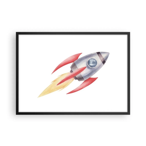 Plakat w czarnej ramie - Rakieta w stylu akwarelowym na białym tle - 70x50cm - Wyżej, prędzej, dalej - Nowoczesna dekoracja ścienna do salonu i sypialni ARTTOR