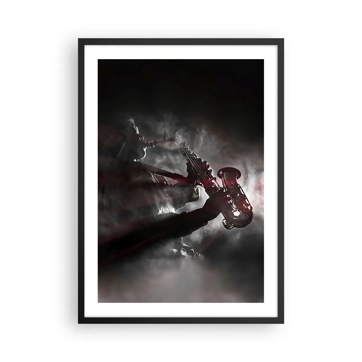 Plakat w czarnej ramie - Silna sylwetka saksofonisty w jazzowej atmosferze - 50x70cm - W oparach jazzu - Nowoczesna dekoracja ścienna do salonu i sypialni ARTTOR