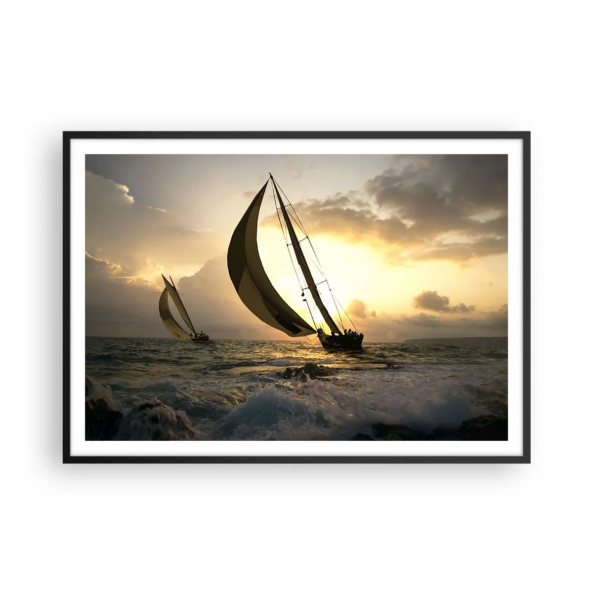 Plakat w czarnej ramie - Żaglówki na morzu podczas zachodu słońca - 100x70cm - Z wiatrem i pod wiatr - Nowoczesna dekoracja ścienna do salonu i sypialni ARTTOR