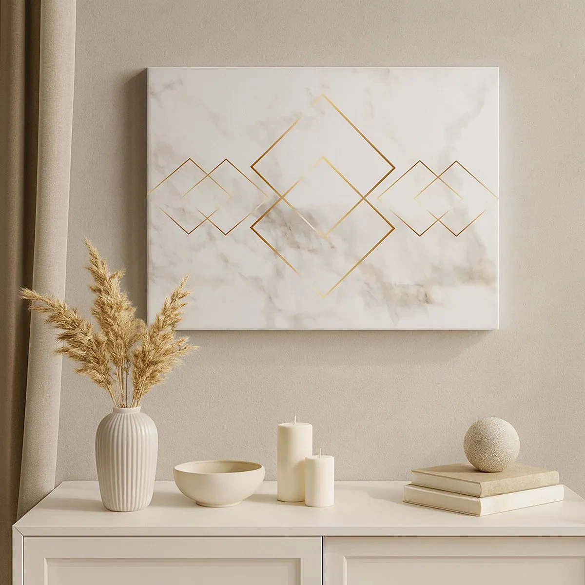 Obraz na płótnie - Minimalistyczne złote romby na marmurowym tle - 70x50cm - Widok na nieskończoność - Nowoczesna dekoracja ścienna do salonu i sypialni ARTTOR