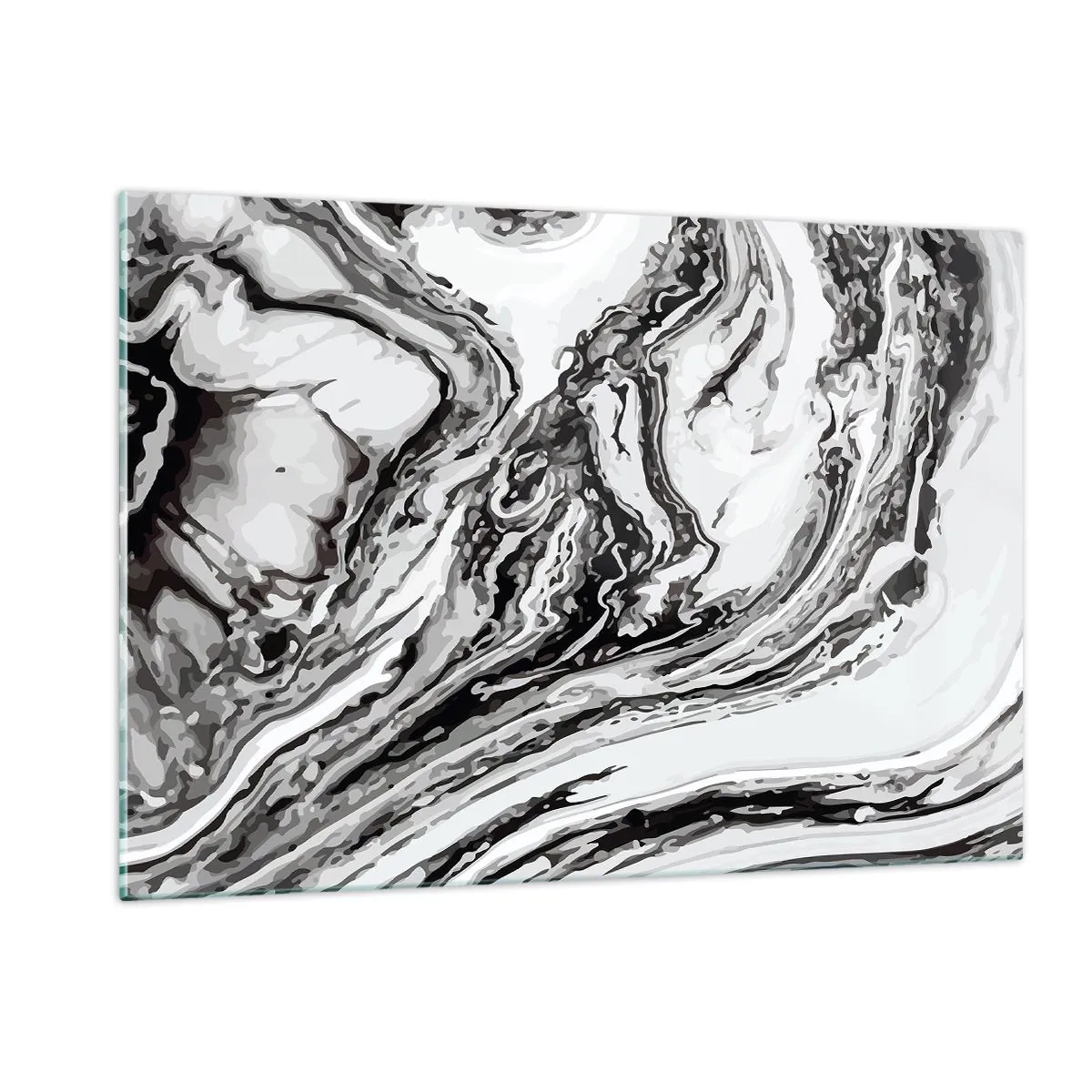 Obraz na szkle - Abstrakcyjny wzór w odcieniach czerni i bieli przypominający fale - 120x80cm - Na poczatku był chaos - Nowoczesna dekoracja ścienna do salonu, kuchni i sypialni ARTTOR