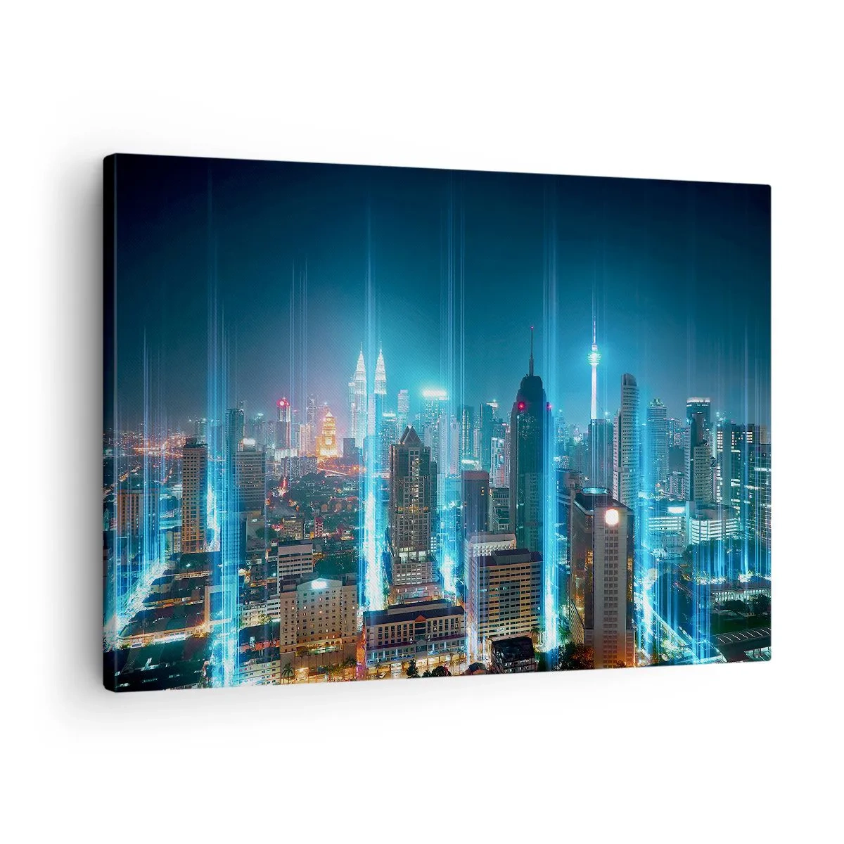 Obraz na płótnie - Nowoczesne miasto nocą z futurystycznymi świetlnymi akcentami - 70x50cm - Po berlińsku do nieba - Nowoczesna dekoracja ścienna do salonu i sypialni ARTTOR