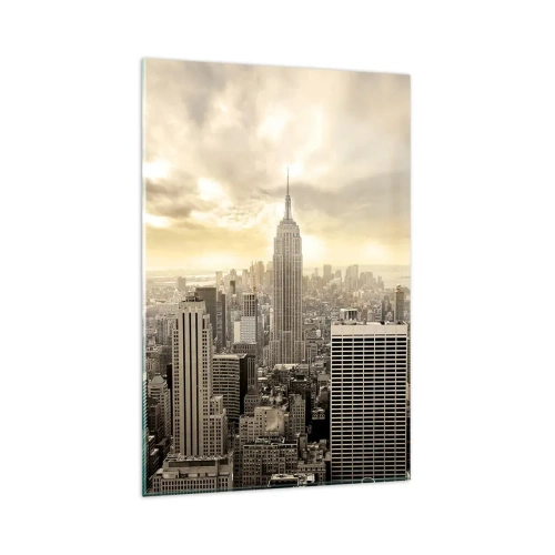Obraz na szkle - Panorama miasta z widokiem na Empire State Building - 80x120cm - Nowy Jork utkany z szarości - Nowoczesna dekoracja ścienna do salonu i sypialni ARTTOR