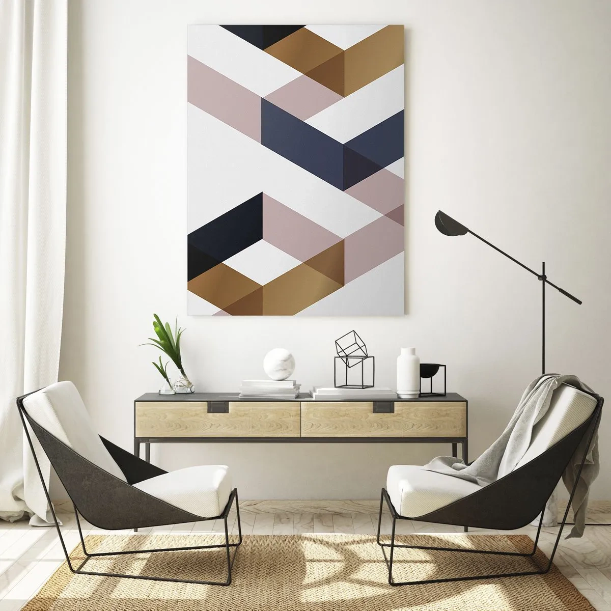 Obraz na szkle - Geometryczne wzory w odcieniach złota i granatu - 70x100cm - Płaszczyzny i kąty - Nowoczesna dekoracja ścienna do salonu i sypialni ARTTOR