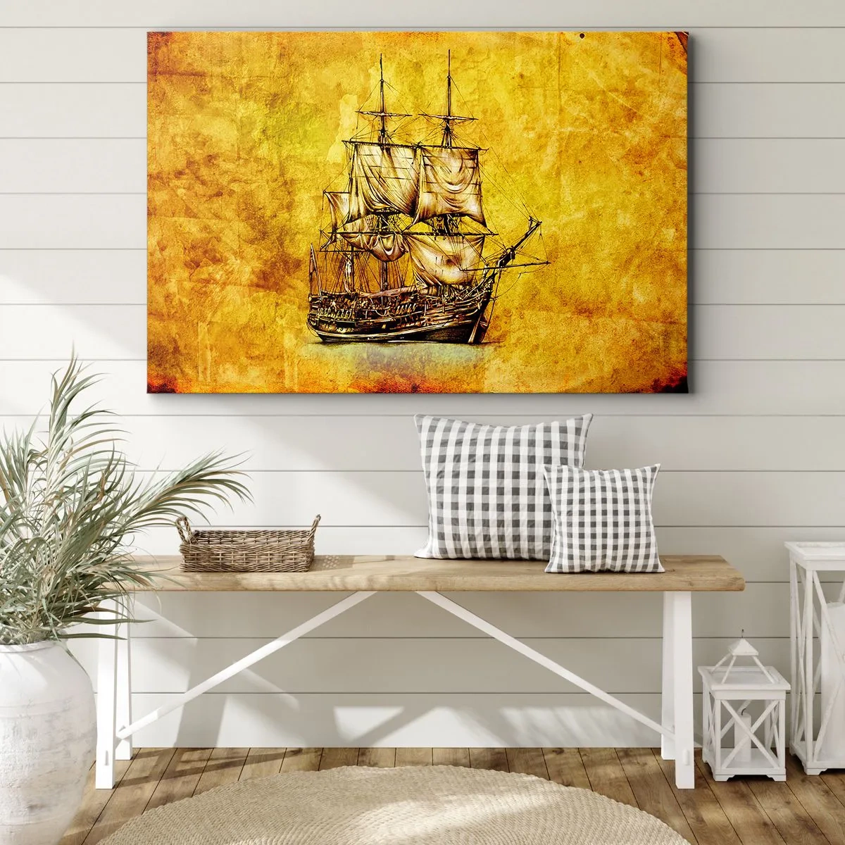 Obraz na płótnie - Stylizowany rysunek żaglowca na złotym tle o vintage charakterze - 70x50cm - Kierunek Tortuga! - Nowoczesna dekoracja ścienna do salonu i sypialni ARTTOR