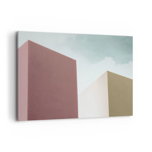 Obraz na płótnie - Minimalistyczna architektura z pastelowymi blokami i niebem - 120x80cm - Geometria słonecznego lata - Nowoczesna dekoracja ścienna do salonu, kuchni i sypialni ARTTOR