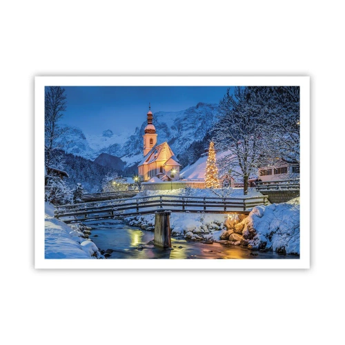 Plakat - Zimowy krajobraz z kościołem, mostem i górami o zmierzchu - 100x70cm - Duch Świąt - Nowoczesna dekoracja ścienna do salonu i sypialni ARTTOR