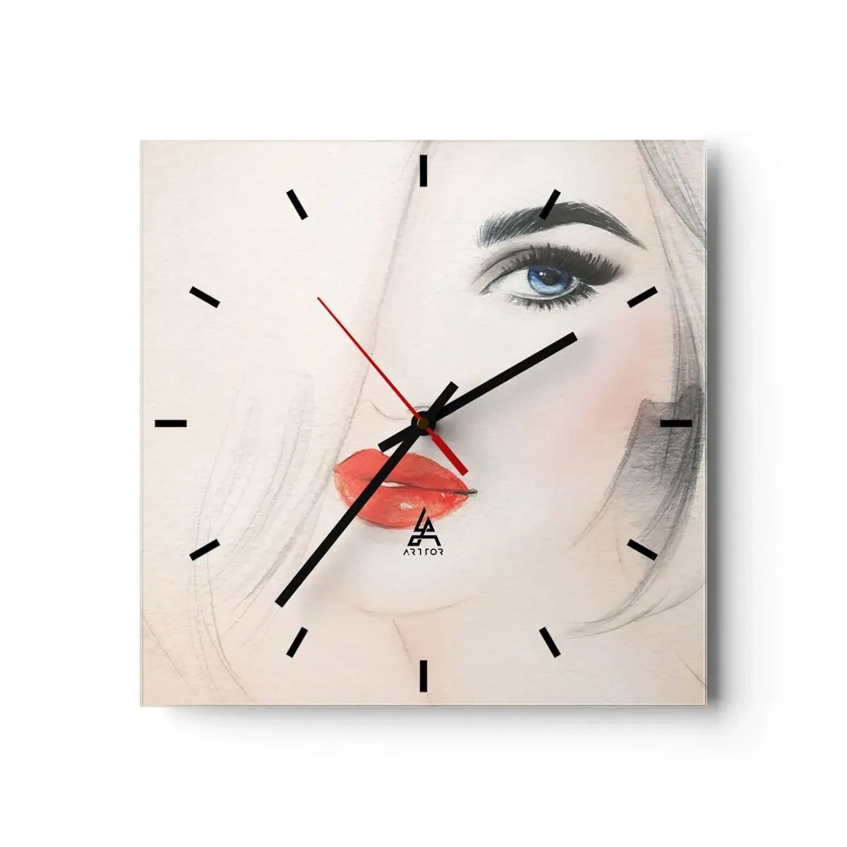 Zegar ścienny - Minimalistyczny portret kobiety z niebieskim okiem i czerwonymi ustami - 30x30cm - Hipnotyzuje i odurza - Nowoczesna dekoracja ścienna do salonu i sypialni ARTTOR