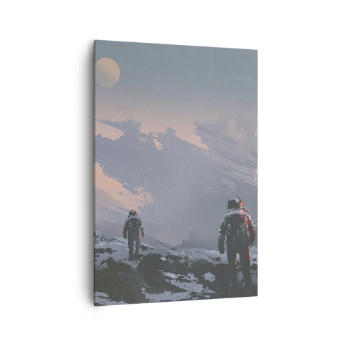 Obraz na płótnie - Astronauci na obcej planecie z wrakiem statku kosmicznego - 70x100cm - Pod nieznaną gwiazdą - Nowoczesna dekoracja ścienna do salonu i sypialni ARTTOR