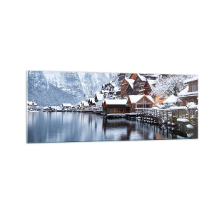 Obraz na szkle - Zimowy widok na górską miejscowość nad jeziorem - 140x50cm - W zimowej dekoracji - Nowoczesna dekoracja ścienna do salonu i sypialni ARTTOR