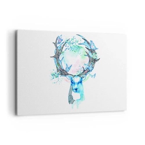 Obraz na płótnie - Fantazyjna grafika jelenia z motywem natury i motyli - 120x80cm - Siła i delikatność natury - Nowoczesna dekoracja ścienna do salonu, kuchni i sypialni ARTTOR