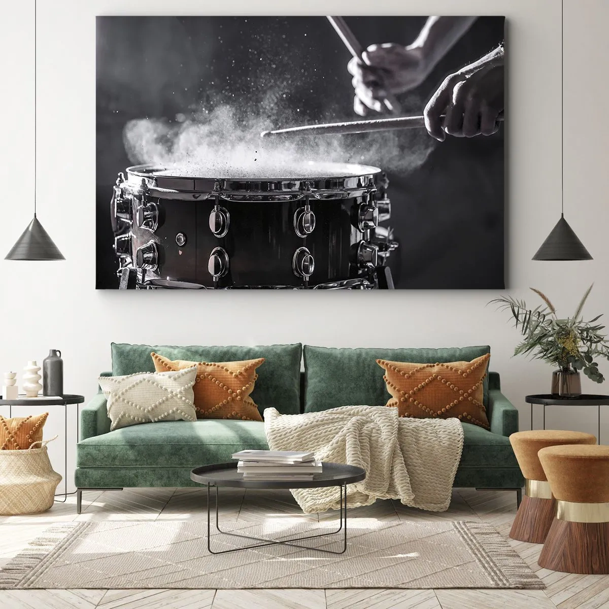 Obraz na płótnie - Uderzenie pałeczkami w werbel z efektem pyłu - 70x50cm - Puls muzyki - Nowoczesna dekoracja ścienna do salonu i sypialni ARTTOR