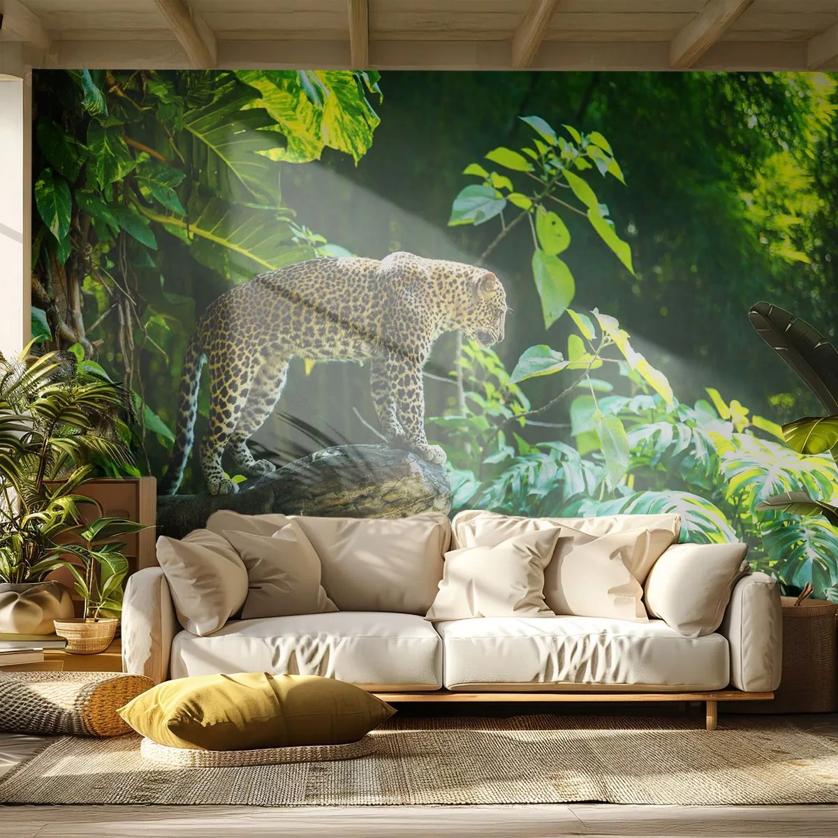 Fototapeta Premium Sand - Lampart na gałęzi w gęstej tropikalnej dżungli - 100x70cm - Na łowy? - Nowoczesna dekoracja ścienna do salonu, kuchni i sypialni ARTTOR