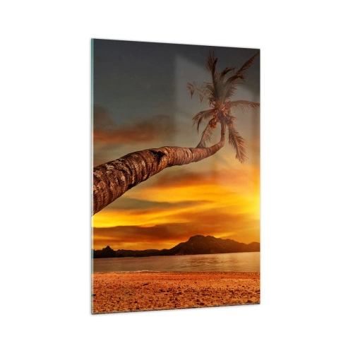 Obraz na szkle - Palma na plaży o zachodzie słońca z widokiem na morze - 70x100cm - Egzotyczne wakacje, karaibska przygoda - Nowoczesna dekoracja ścienna do salonu i sypialni ARTTOR