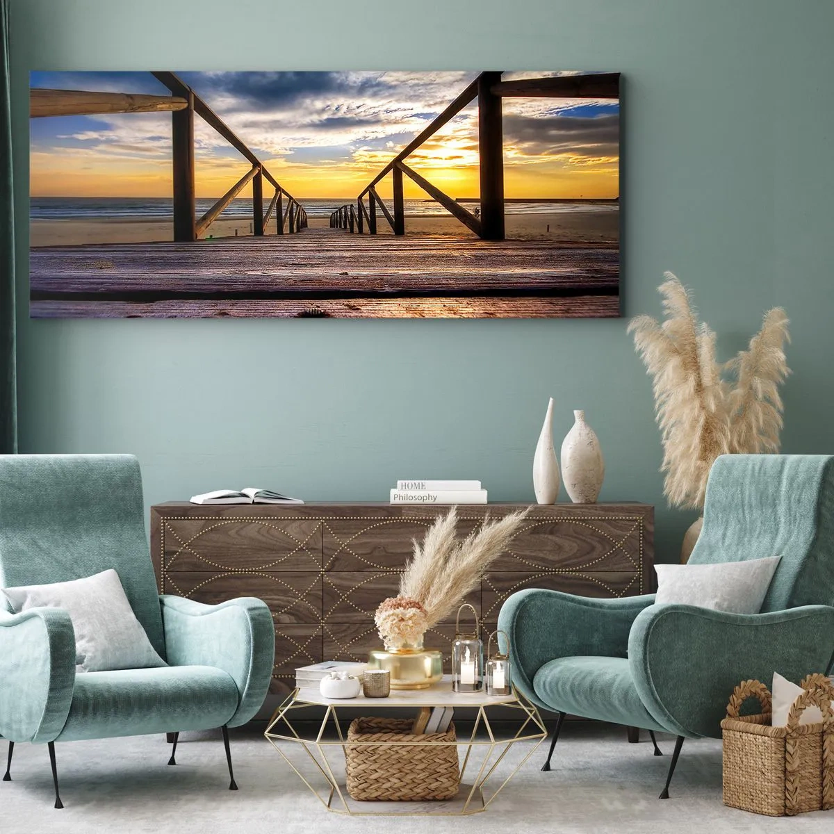 Obraz na płótnie - Prosto na cichą plażę o zachodzie słońca - 100x40 cm