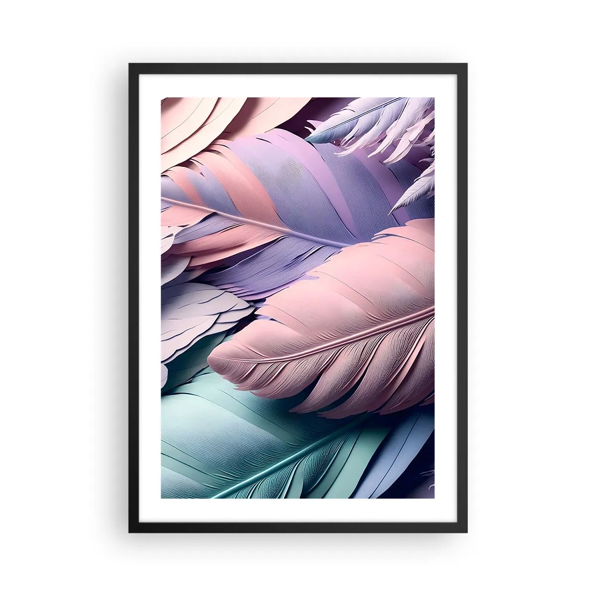 Plakat w czarnej ramie - Pastelowe pióra w delikatnych odcieniach - 50x70cm - Ptasi szyk - Nowoczesna dekoracja ścienna do salonu i sypialni ARTTOR