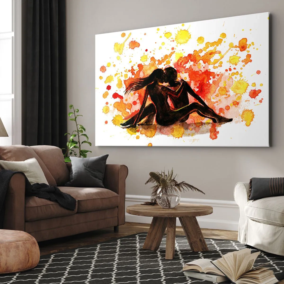 Obraz na płótnie - Romantyczna akwarela dwojga osób w ciepłych barwach - 100x70cm - I stała się światłość - Nowoczesna dekoracja ścienna do salonu, kuchni i sypialni ARTTOR