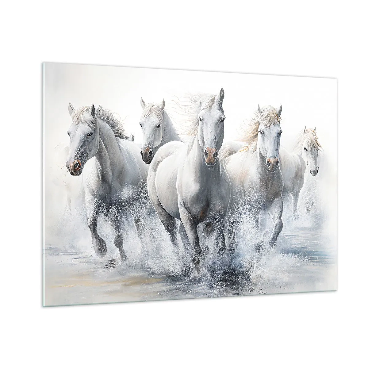 Obraz na szkle - Białe konie galopujące przez wodę w dynamicznej kompozycji - 100x70cm - Biała magia - Nowoczesna dekoracja ścienna do salonu, kuchni i sypialni ARTTOR