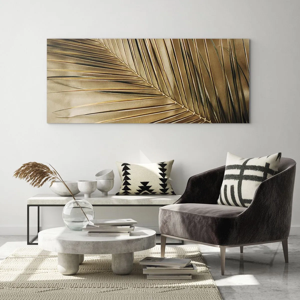 Obraz na szkle - Złota liść palmy na jednolitym tle - 120x50cm - Naturalna kolumnada - Nowoczesna dekoracja ścienna do salonu i sypialni ARTTOR