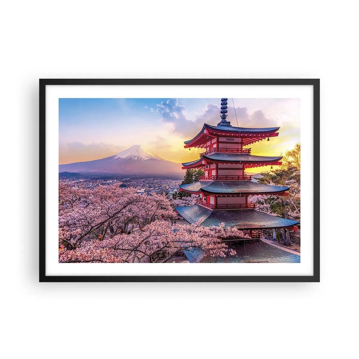 Plakat w czarnej ramie - Pagoda w Japonii z kwitnącymi wiśniami i górą Fuji - 70x50cm - Esencja japońskiego ducha - Nowoczesna dekoracja ścienna do salonu i sypialni ARTTOR