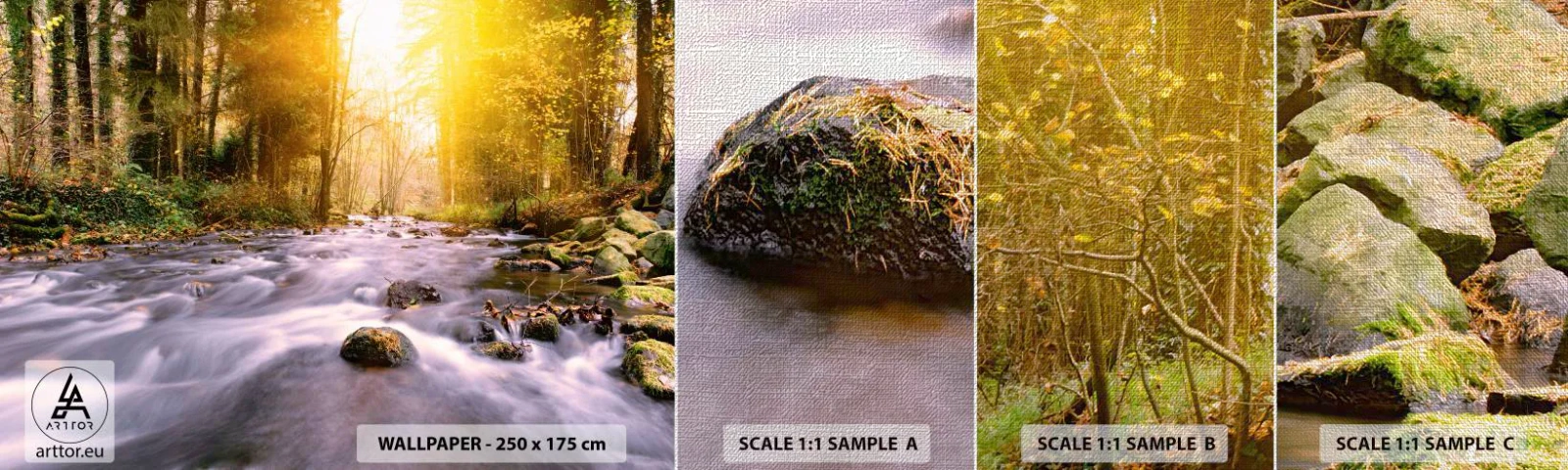 Fototapeta Próbka Premium Canvas - Malachit w srebrno-złotej oprawie - Krajobraz, Górski Strumień, Las - 100x30 cm