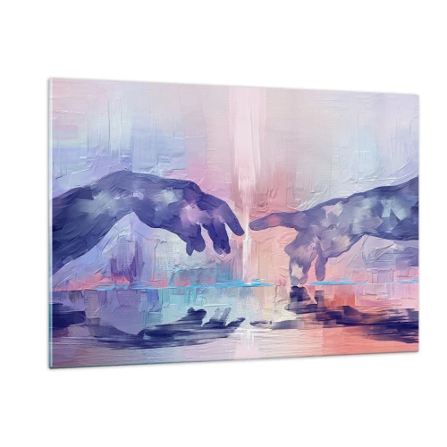 Obraz na szkle - Abstrakcyjne dłonie zbliżające się do siebie na tle pastelowym - 120x80cm - Boska iskra życia - Nowoczesna dekoracja ścienna do salonu, kuchni i sypialni ARTTOR