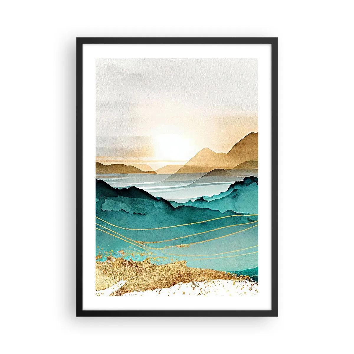 Plakat w czarnej ramie - Malowniczy pejzaż górski w turkusowych i złotych odcieniach - 50x70cm - Na granicy abstrakcji – pejzaż - Nowoczesna dekoracja ścienna do salonu i sypialni ARTTOR