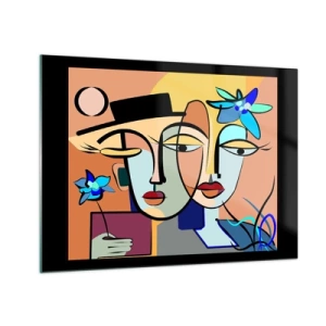 Obraz na szkle - Kolorowe twarze w stylu kubistycznym z kwiatami - 70x50cm - Picassowskie randez vous - Nowoczesna dekoracja ścienna do salonu i sypialni ARTTOR