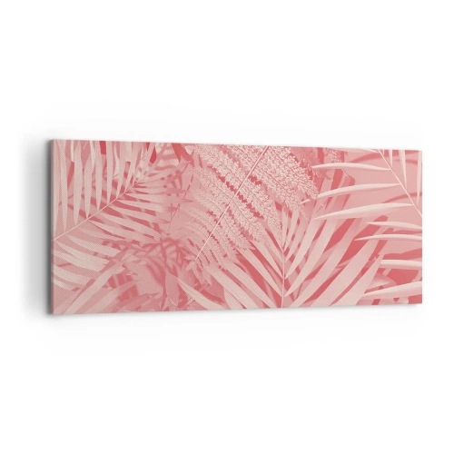 Obraz na płótnie - Różowe liście tropikalne w delikatnym i minimalistycznym stylu - 120x50cm - Różowy koncept - Nowoczesna dekoracja ścienna do salonu i sypialni ARTTOR