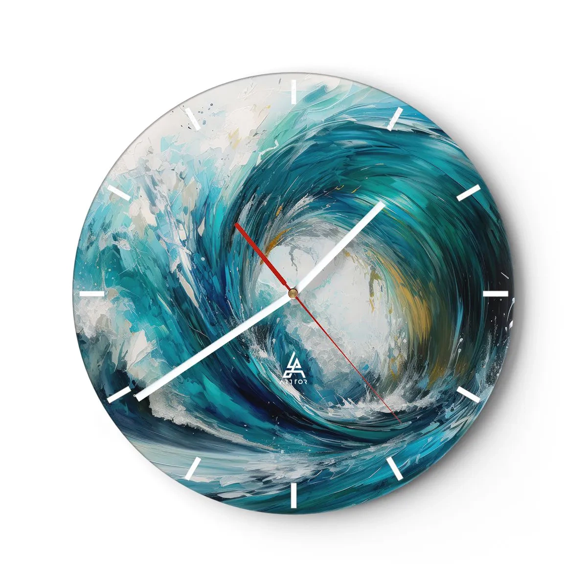 Zegar ścienny - Dynamiczna fala morska wirująca w turkusowych barwach - 30x30cm - Morski portal - Nowoczesna dekoracja ścienna do salonu, kuchni i sypialni ARTTOR
