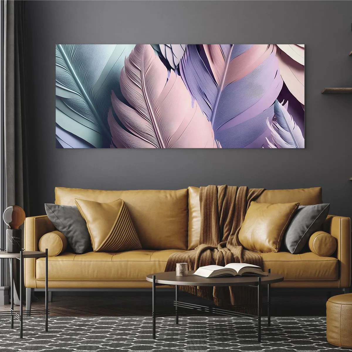 Obraz na szkle - Kolorowe pióra w pastelowych odcieniach na jasnym tle - 160x50cm - Ptasi szyk - Nowoczesna dekoracja ścienna do salonu i sypialni ARTTOR