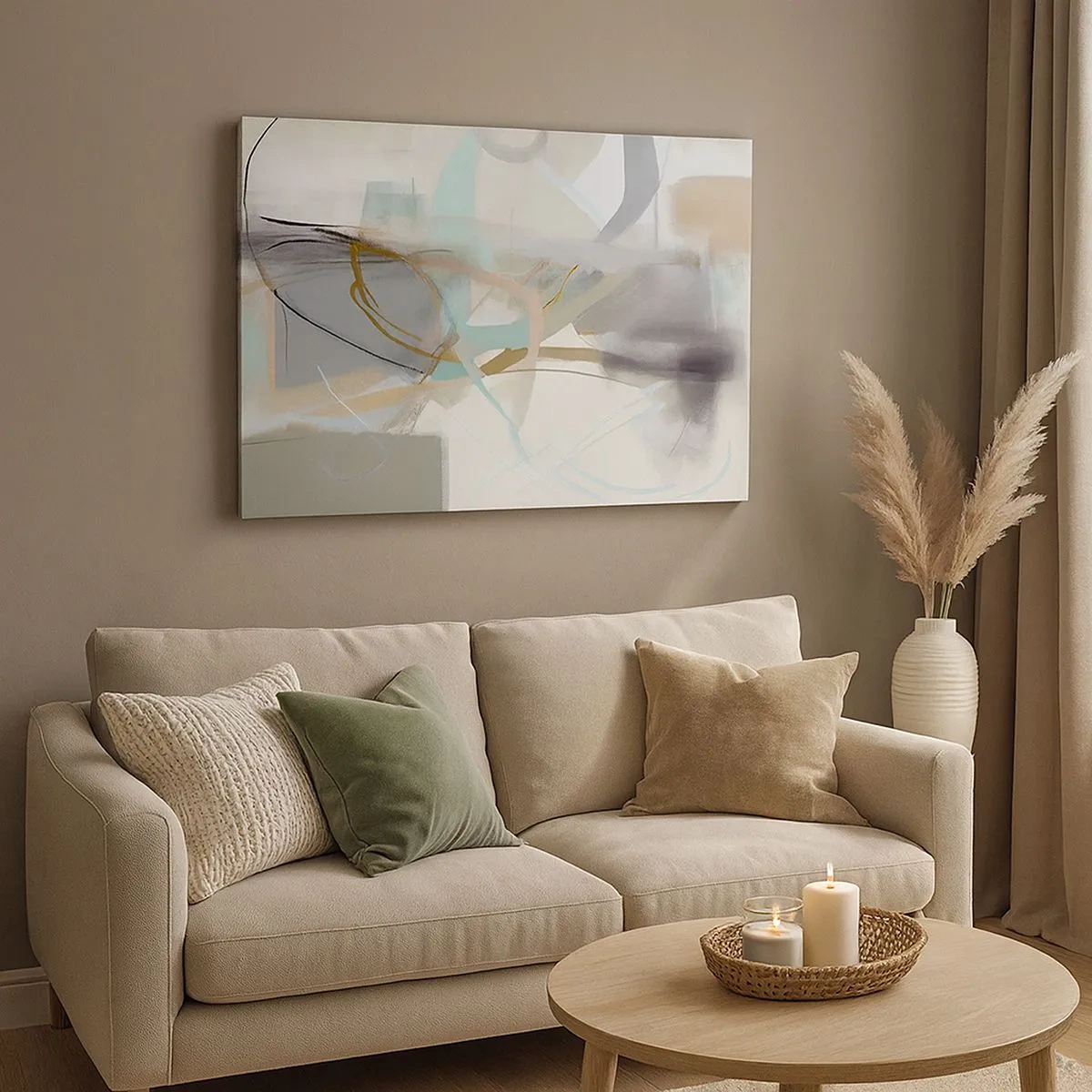 Obraz na płótnie - Pastelowa abstrakcja z delikatnymi liniami - 70x50cm - Abstrakcja zamglona - Nowoczesna dekoracja ścienna do salonu i sypialni ARTTOR