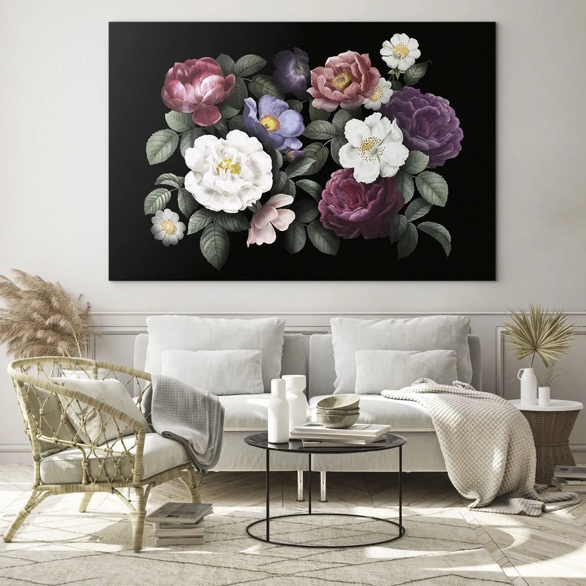 Obraz na szkle - Kwiatowa kompozycja z piwoniami na czarnym tle - 70x50cm - Z angielskiego ogrodu - Nowoczesna dekoracja ścienna do salonu i sypialni ARTTOR