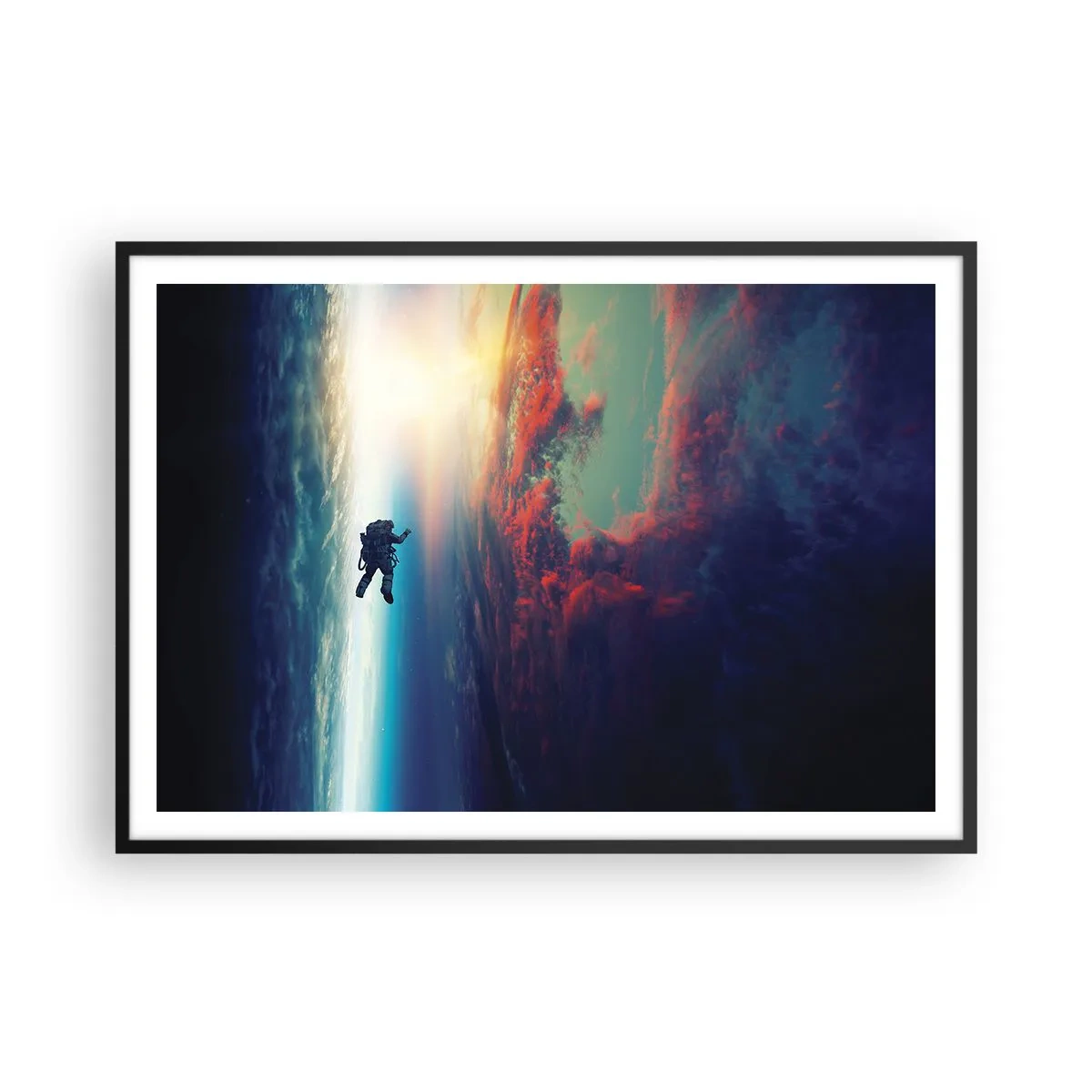 Plakat w czarnej ramie - Astronauta unoszący się w kosmosie nad kolorową Ziemią - 100x70cm - Mierzyć się ze wszechświatem - Nowoczesna dekoracja ścienna do salonu i sypialni ARTTOR