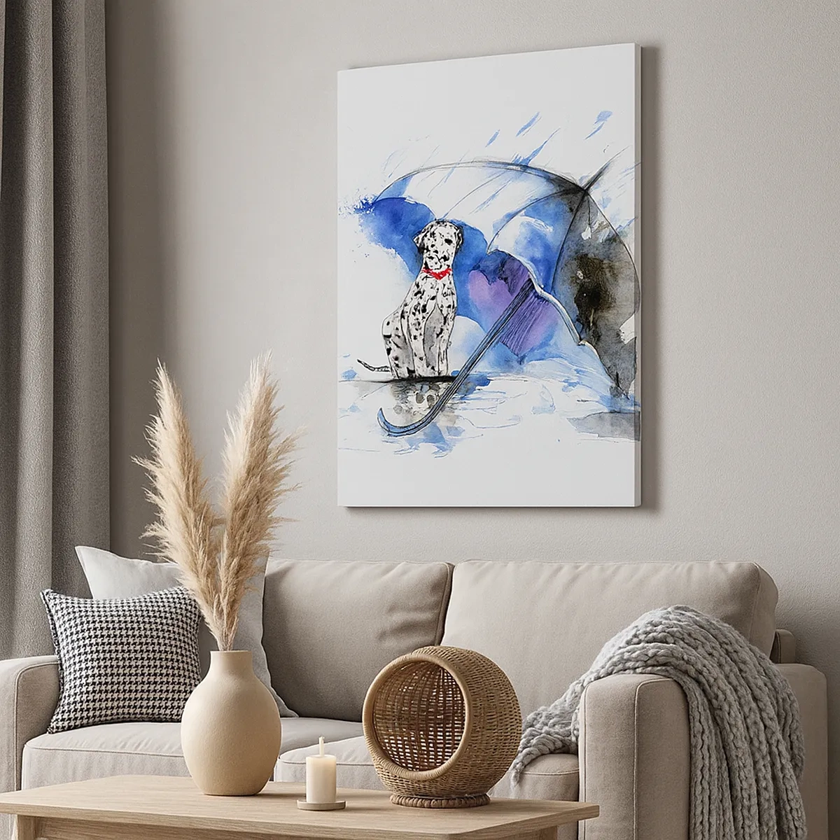 Obraz na płótnie - Akwarelowy dalmatyńczyk siedzący pod parasolem w deszczu - 50x70cm - Po to jest przyjaciel - Nowoczesna dekoracja ścienna do salonu, kuchni i sypialni ARTTOR