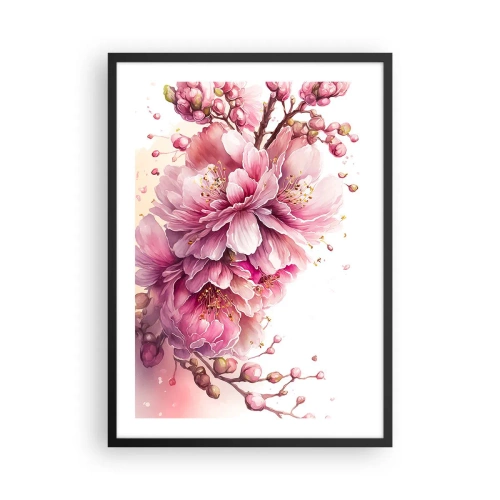 Plakat w czarnej ramie - Delikatne różowe kwiaty wiśni w pełnym rozkwicie na jasnym tle - 50x70cm - Kwiat kwitnącej wiśni - Nowoczesna dekoracja ścienna do salonu i sypialni ARTTOR