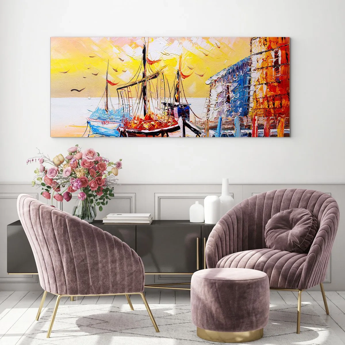Obraz na szkle - Malowniczy port o zachodzie słońca z łodziami rybackimi - 160x50cm - Szczęśliwy powrót - Nowoczesna dekoracja ścienna do salonu i sypialni ARTTOR