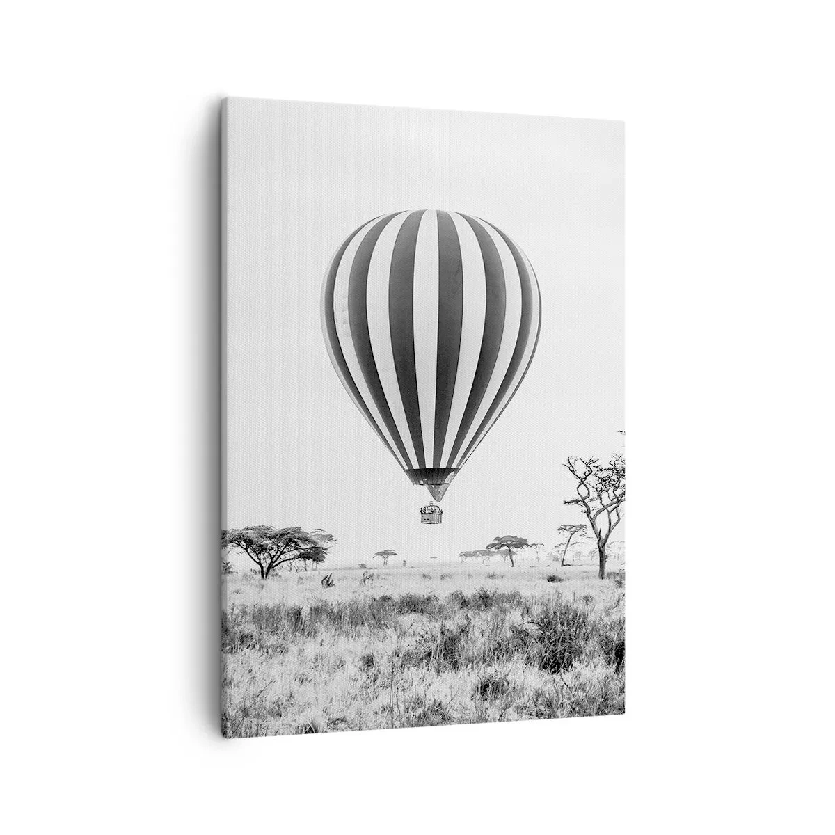 Obraz na płótnie - Balon na gorące powietrze unoszący się nad sawanną - 50x70cm - Nad sawanną - Nowoczesna dekoracja ścienna do salonu, kuchni i sypialni ARTTOR