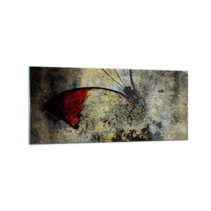 Obraz na szkle - Motyl w odcieniach czerwieni i szarości na teksturowanym tle - 120x50cm - Patrz, zanim zniknę - Nowoczesna dekoracja ścienna do salonu i sypialni ARTTOR