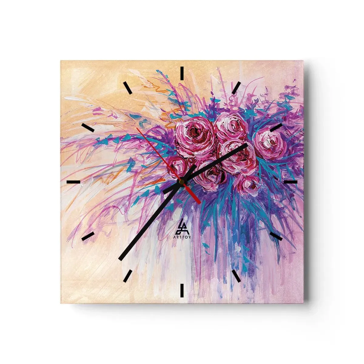 Zegar ścienny - Bukiet róż w pastelowych barwach - 30x30cm - Różana fontanna - Nowoczesna dekoracja ścienna do salonu i sypialni ARTTOR