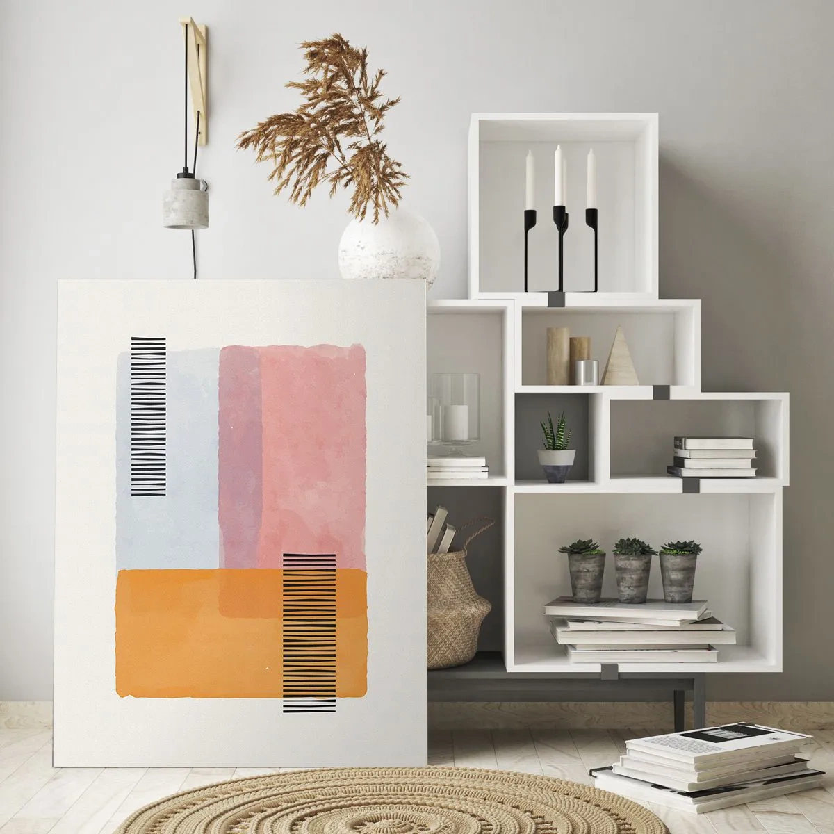 Obraz na szkle - Geometria w pastelowych kolorach z liniami na jasnym tle - 70x100cm - Z kąta w kąt - Nowoczesna dekoracja ścienna do salonu i sypialni ARTTOR