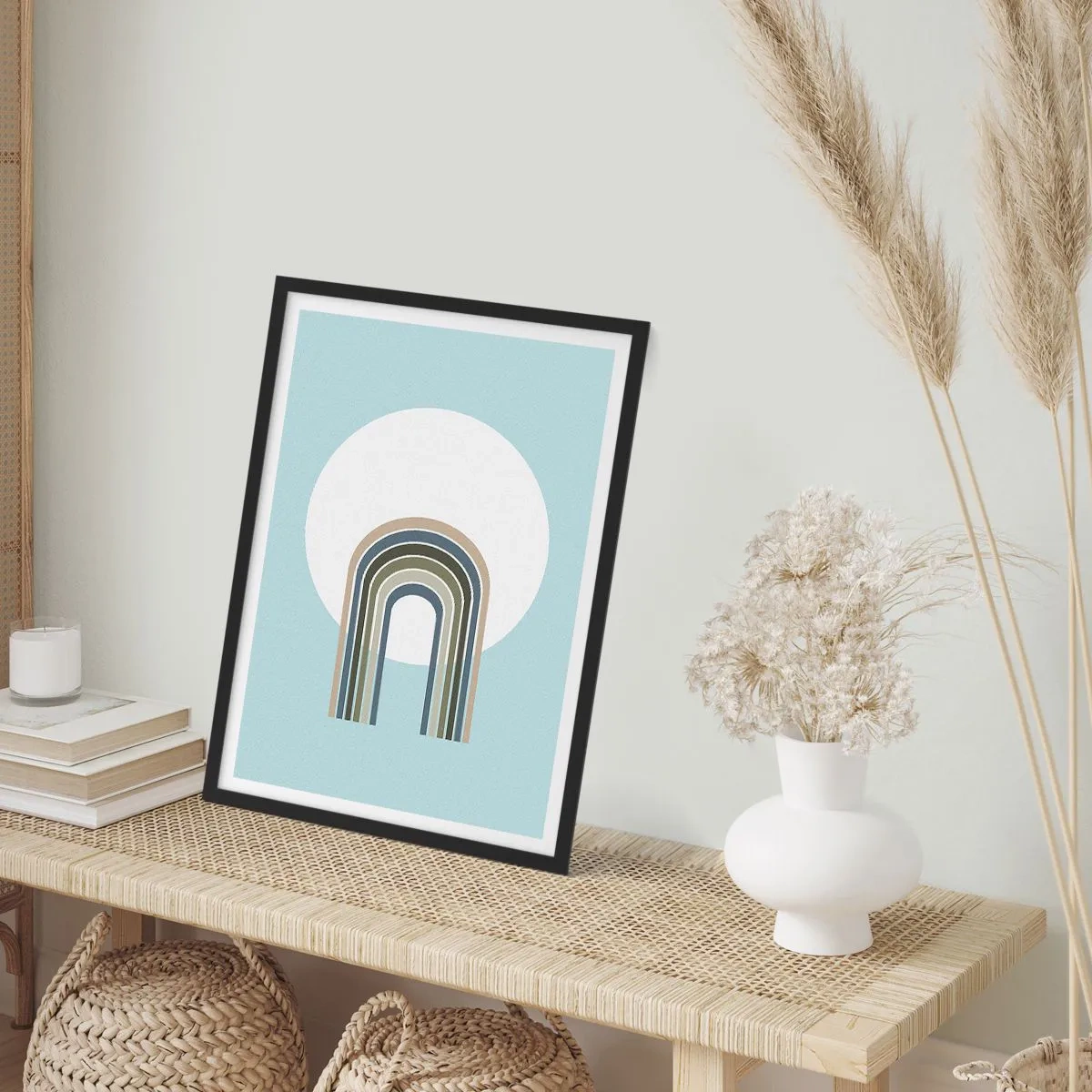 Plakat w czarnej ramie - Minimalistyczny łuk z pastelowymi odcieniami na tle okręgu - 50x70cm - Nieodparte przyciąganie - Nowoczesna dekoracja ścienna do salonu i sypialni ARTTOR