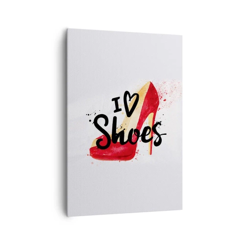 Obraz na płótnie - Czerwony szpilka z napisem I love Shoes na białym tle - 70x100cm - Miłość niejedno ma imię - Nowoczesna dekoracja ścienna do salonu i sypialni ARTTOR