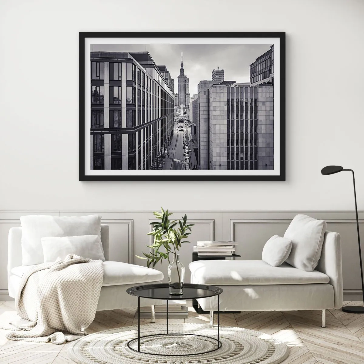 Plakat w czarnej ramie - Panorama Warszawy z widokiem na Pałac Kultury i otaczające budynki - 70x50cm - Warszawska dolina - Nowoczesna dekoracja ścienna do salonu i sypialni ARTTOR