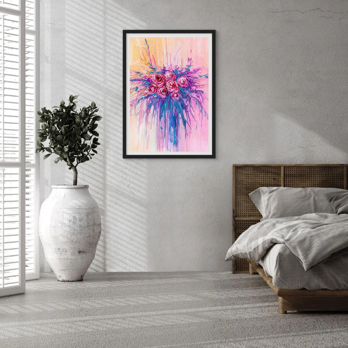 Plakat w czarnej ramie - Kolorowe róże na tle w odcieniach różu - 50x70cm - Różana fontanna - Nowoczesna dekoracja ścienna do salonu i sypialni ARTTOR