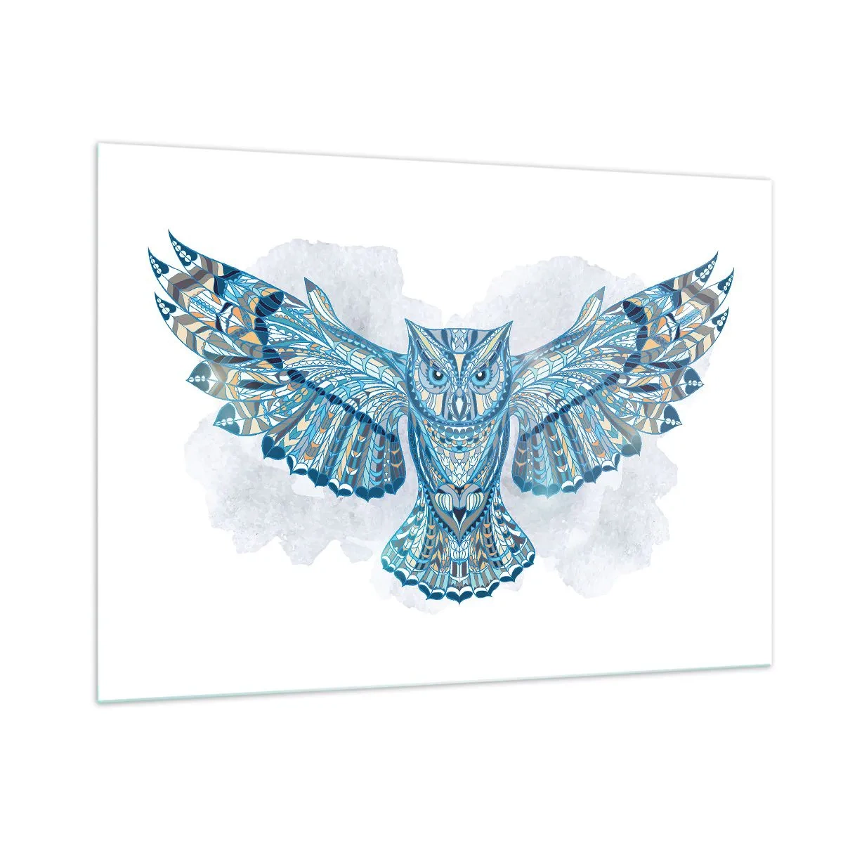 Obraz na szkle - Niebieska sowa z rozpostartymi skrzydłami w stylu geometrycznym - 100x70cm - Z celtyckiego świętego gaju - Nowoczesna dekoracja ścienna do salonu, kuchni i sypialni ARTTOR
