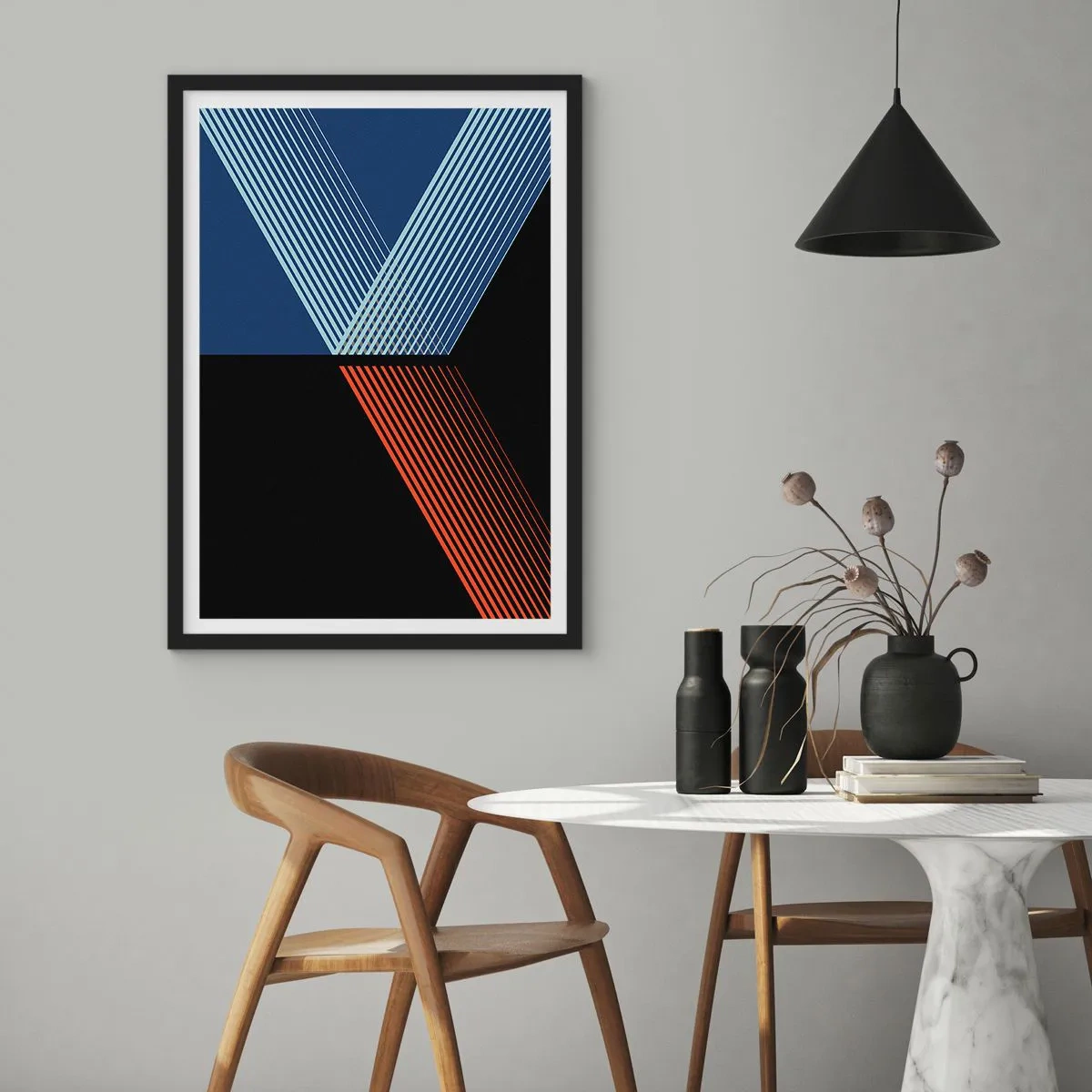Plakat w czarnej ramie - Abstrakcyjna kompozycja linii w kolorze niebieskim, czarnym i czerwonym - 50x70cm - Prosta historia - Nowoczesna dekoracja ścienna do salonu i sypialni ARTTOR