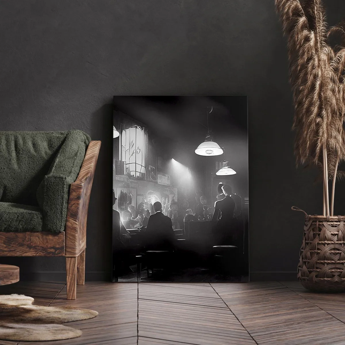 Obraz na płótnie - Czarno-biała scena jazzowa w klimatycznym barze z muzykami i publicznością - 50x70cm - W jazzowym klimacie - Nowoczesna dekoracja ścienna do salonu, kuchni i sypialni ARTTOR