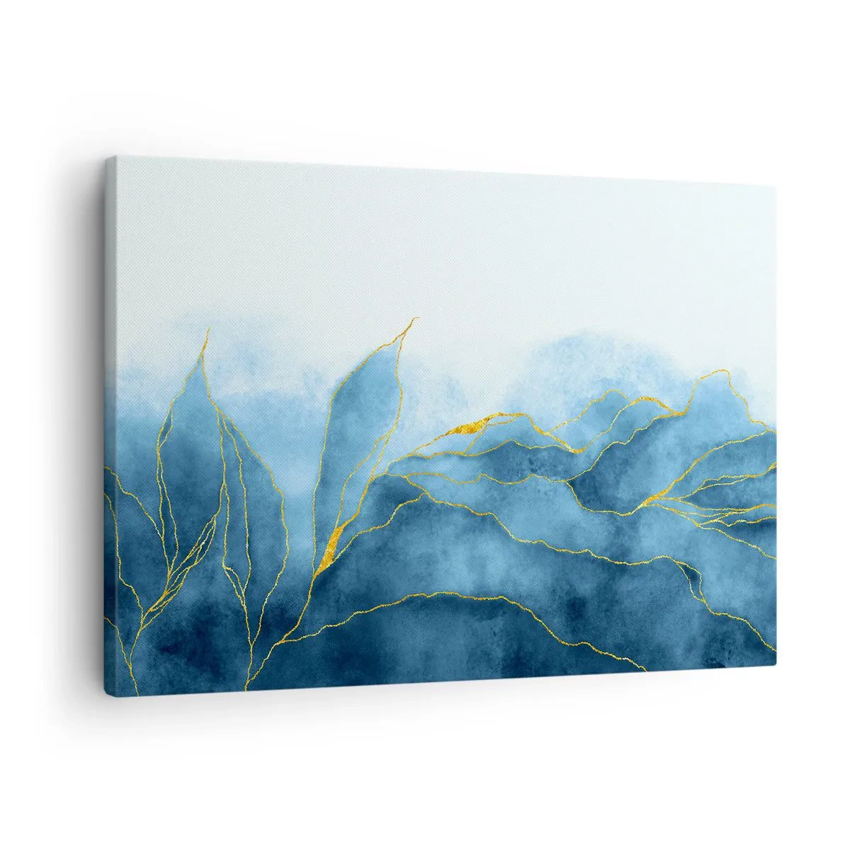 Obraz na płótnie - Abstrakcyjne fale w odcieniach niebieskiego ze złotymi akcentami - 70x50cm - Błękit w złocie - Nowoczesna dekoracja ścienna do salonu i sypialni ARTTOR